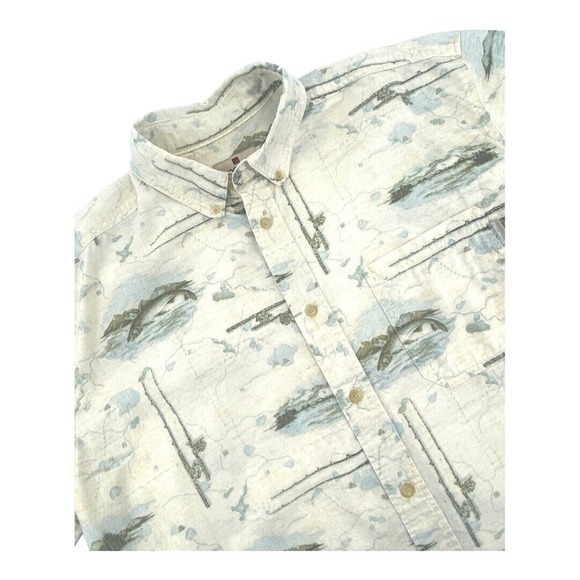 Woolrich Camp Shirt Fishing Pattern Tan Short Sleeve Cotton‎ Size Large - Picture 4 of 8
